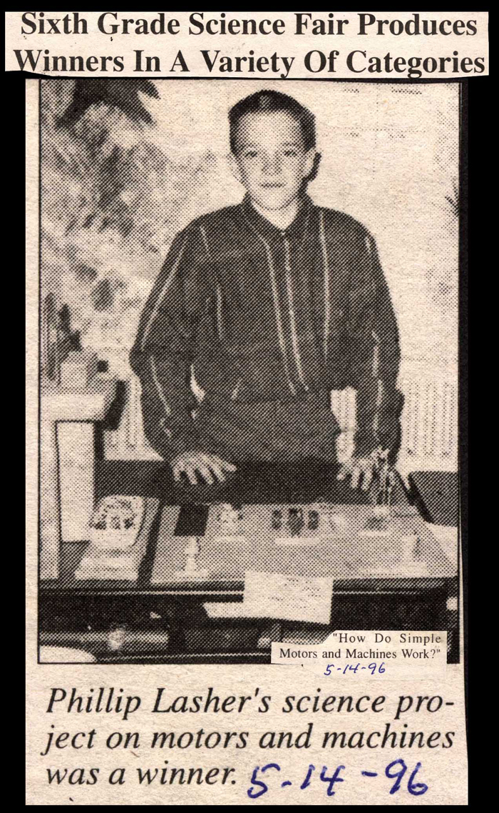 phillip lasher wins in sixth grade science fair may 14 1996