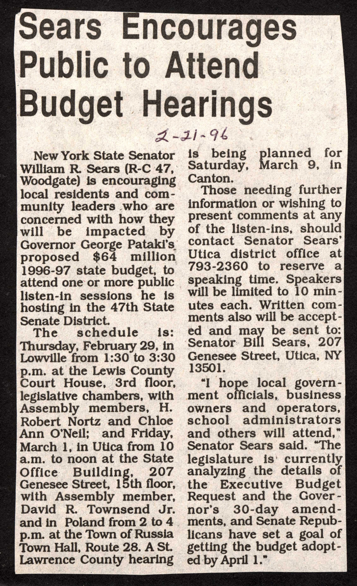 sears encourages public to attend budget hearings february 21 1996