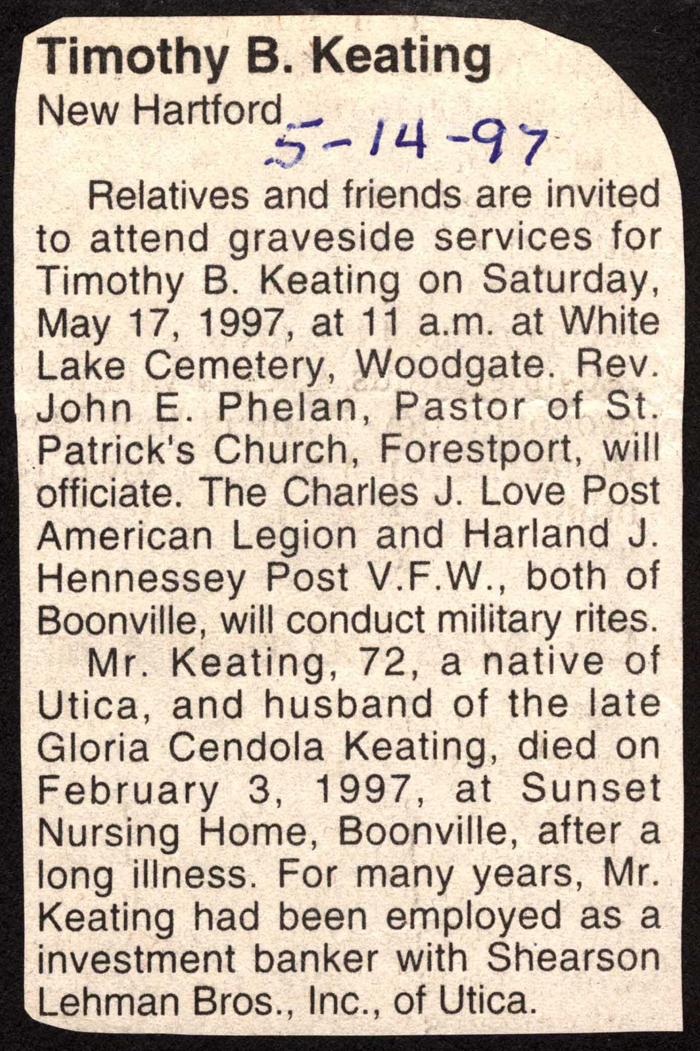 keating timothy b husband of gloria cendola keating obit may 17 1997