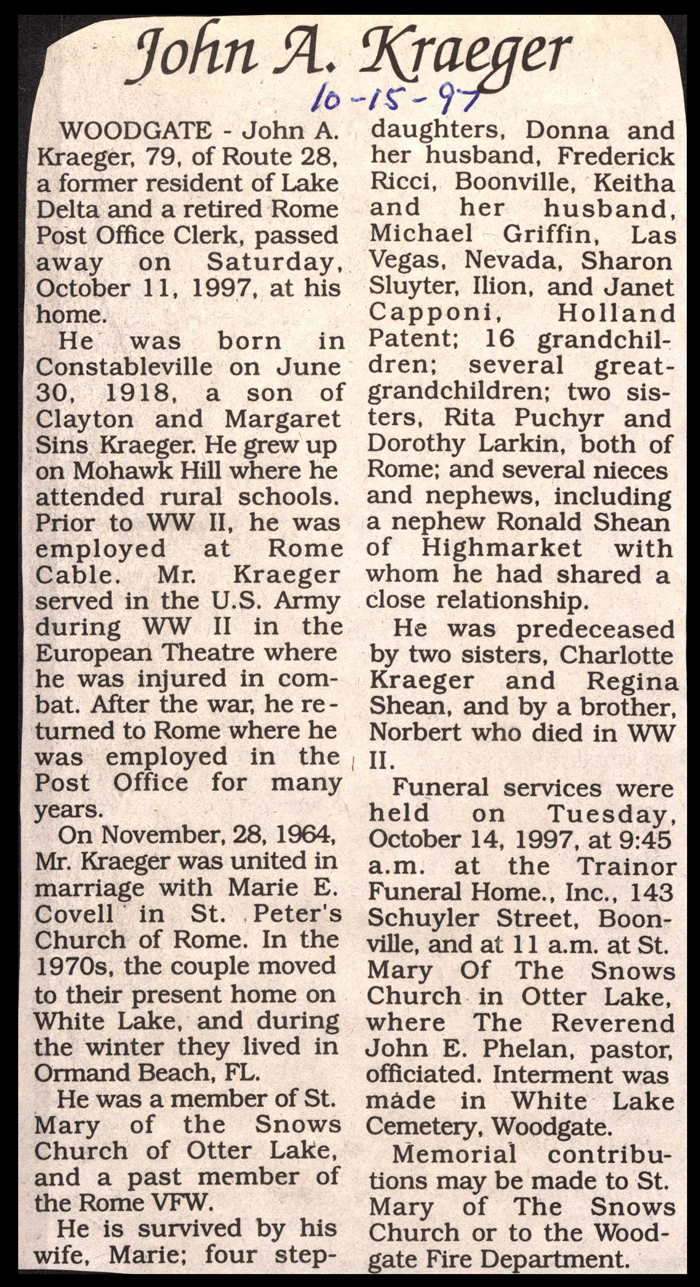 kraeger john a husband of marie e covell kraeger obit october 11 1997