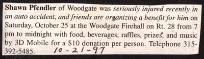 benefit held october 25 1997 for shawn pfendler injured in automobile accident