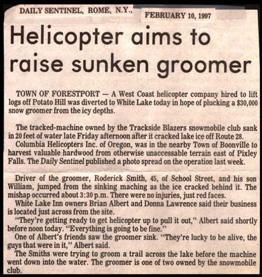 helicopter aims to raise sunken trackside blazers snow groomer february 10 1997